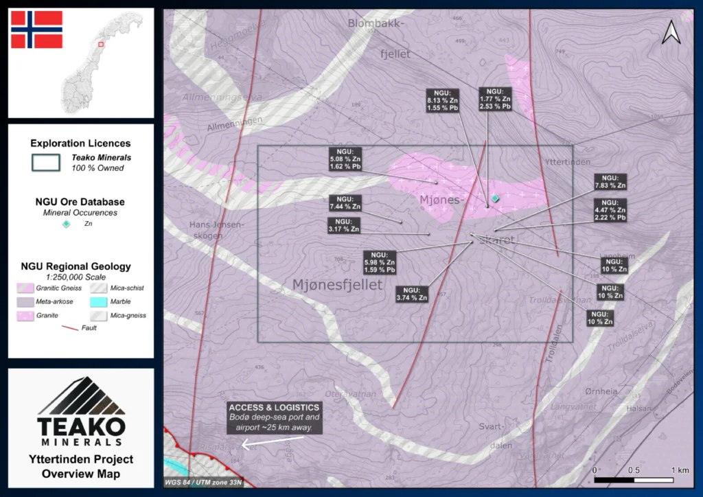 Geological Map of Teako's Yttertinden project., Yttertinden project